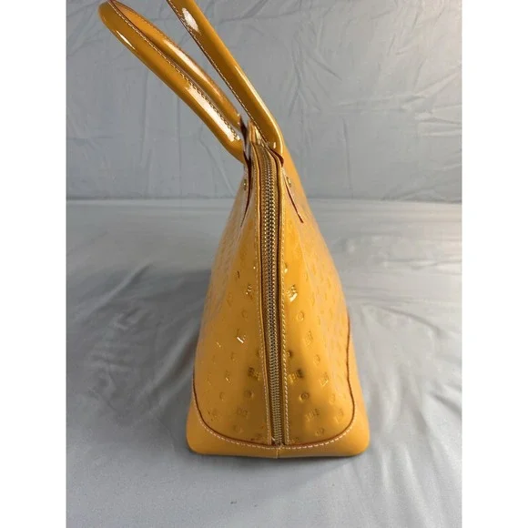 Arcadia Italy Patent Leather Satchel Mustard Yellow Embossed Handbag - Picture 3 of 13